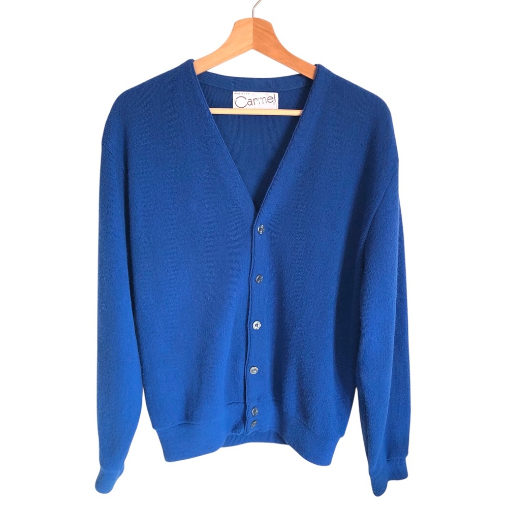 VINTAGE 60s 70s Carmel Mens Blue V-Neck Acrylic Grandpa Cardigan Sweater Large